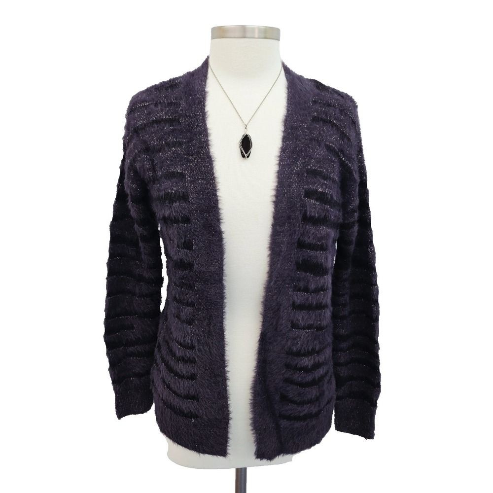 Trucloth Womens XS Metallic‎ Purple Striped Eyelash Open Front Cardigan Boho